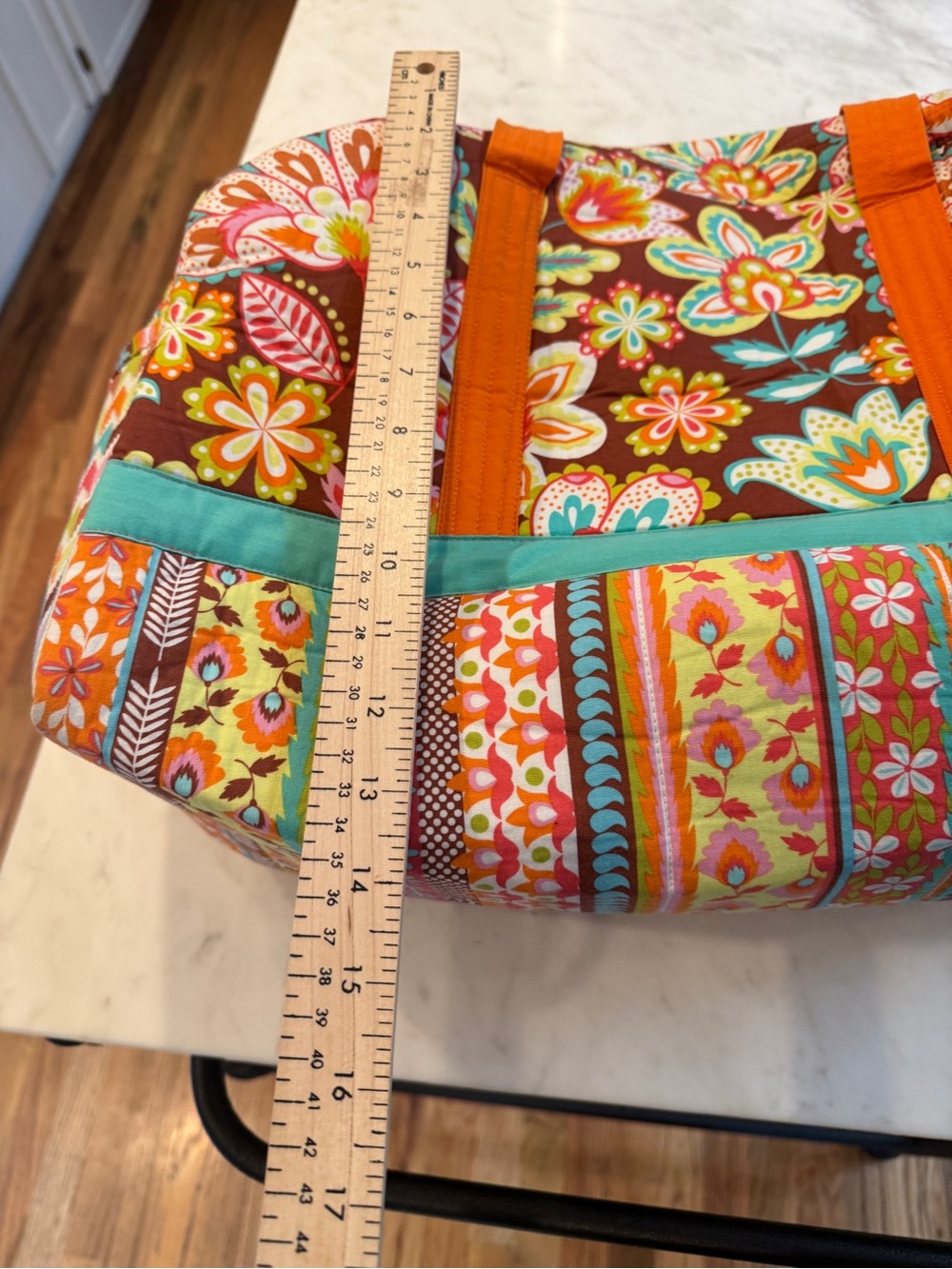 Handmade Quilted Weekender Duffel Bag Floral Boho Travel Tote Orange Aqua - Picture 6 of 8
